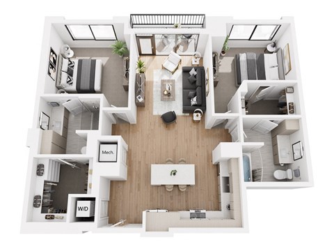 Floor plan for 2 beds, 2 baths, 1278 sqft
